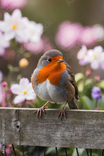 A gorgeous robin perches on a wooden fence, surrounded by colorful flowers in a garden