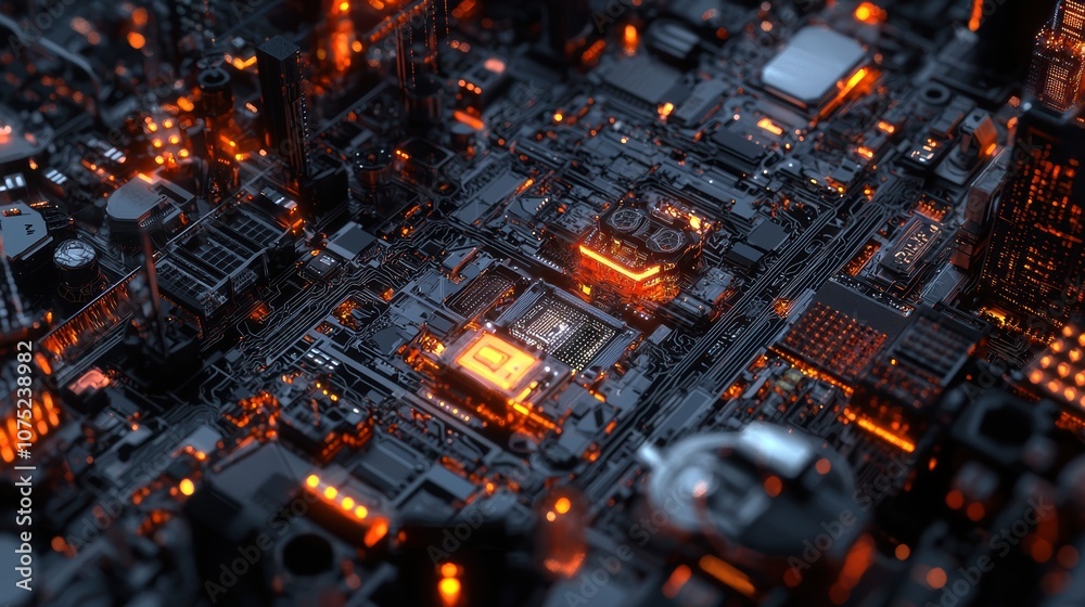A captivating aerial view of a futuristic cityscape, illuminated by glowing orange lights, showcasing intricate details and a dense urban environment. A captivating aerial view of a futuristic cityscape, illuminated by glowing orange lights, showcasing intricate details and a dense urban environment.