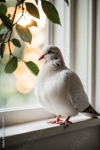 A gorgeous white dove perches on a windowsill, looking out at the city lights through a window