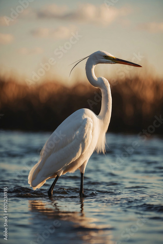 A gorgeous white egret stands in shallow water, its long legs and neck outstretched as it searches for food in the golden light of the setting sun