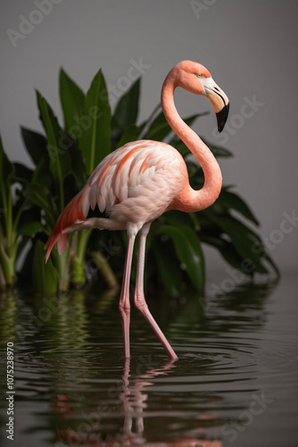 A gorgeous pink flamingo stands in shallow water near green plants