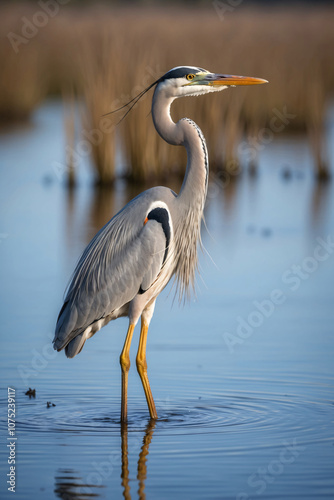 A gorgeous great blue heron stands in a shallow pond, its long legs and neck extended