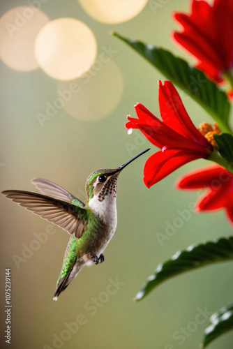 A hummingbird hovers in mid-air, its beak extended to reach nectar from a red flower