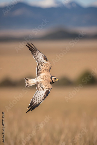 A hawk soars through the air over a field of tall grass