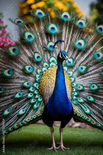 A male peacock displays his vibrant tail feathers in a beautiful garden setting