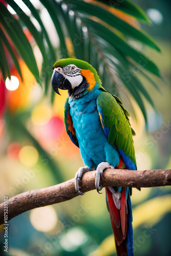 A blue and green macaw perches on a branch in a lush tropical environment