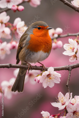 A robin perches on a branch of a cherry blossom tree, its bright orange breast standing out against the delicate pink flowers
