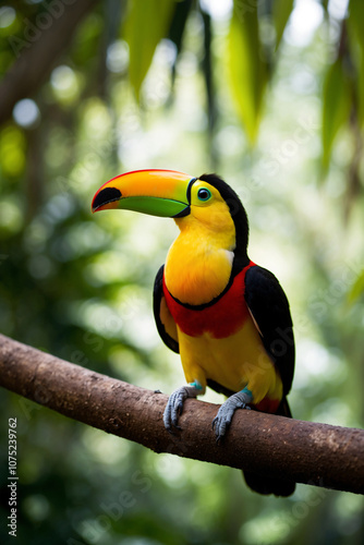 A gorgeous toucan with a vibrant orange beak perches on a branch in a lush green rainforest