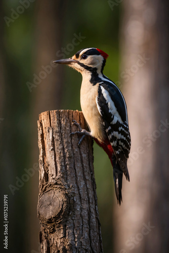 A gorgeous woodpecker perches on a tree trunk in a forest, looking to the left, in the early morning light