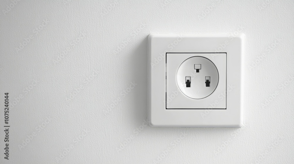 Close-up of a white electrical plug socket on a clean white wall, with subtle shadows around it. Close-up of a white electrical plug socket on a clean white wall, with subtle shadows around it.