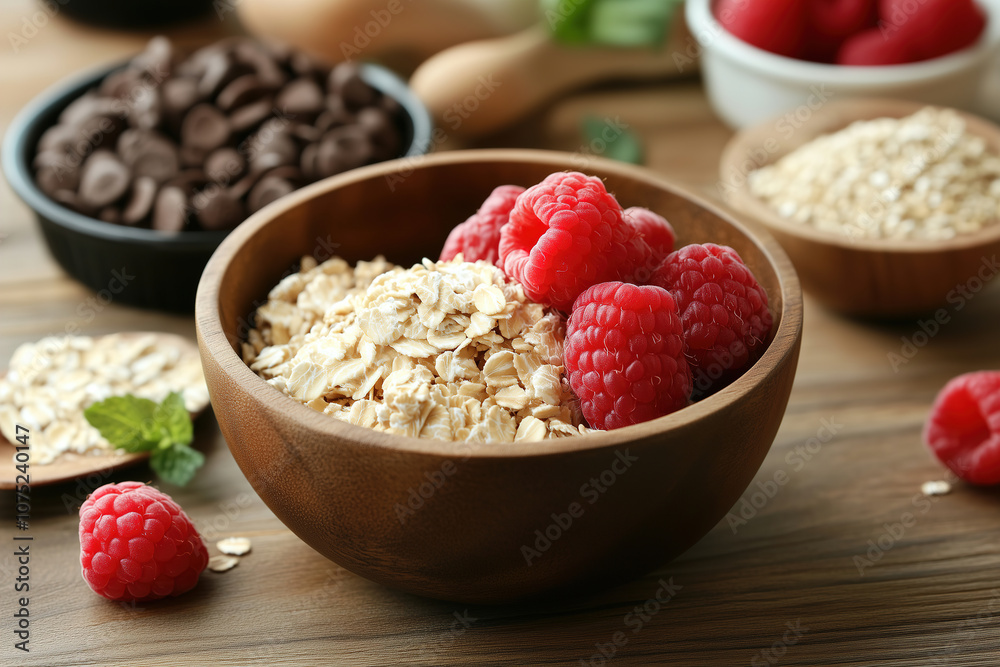 A wholesome breakfast bowl with oats, fresh raspberries, and chocolate chips on a wooden table. Generative AI A wholesome breakfast bowl with oats, fresh raspberries, and chocolate chips on a wooden table. Generative AI