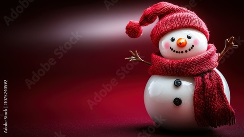 A cheerful snowman with a red hat and scarf, set against a festive background.