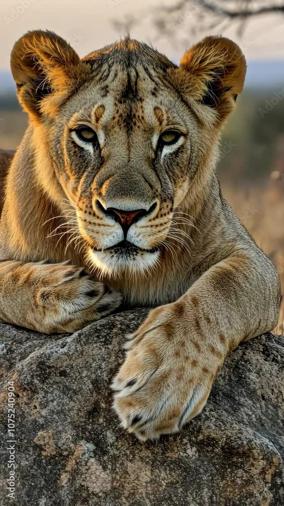 Charming lion cub gracefully posing on a sunlit rock in the african landscape