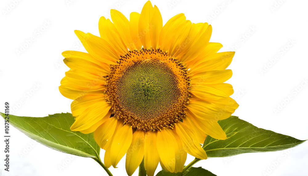 Naklejka premium Detailed close-up of a bright yellow sunflower with vivid petals and lush green center isolated on a white background, symbolizing summer, brightness, and positivity.
