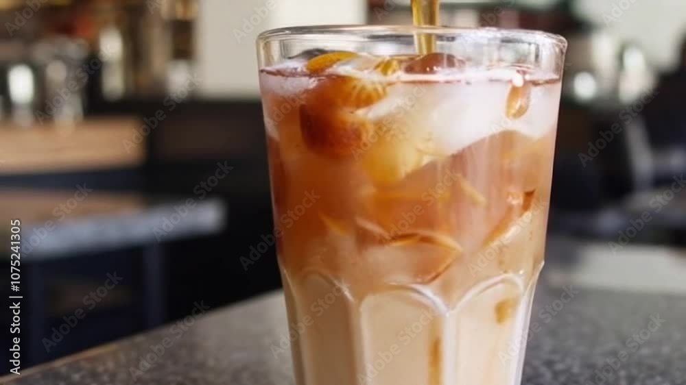 The camera zooms in to reveal the hazelnut syrup merging into the iced latte, creating a beautifully balanced drink, while the modern café background adds a chic and refreshing vibe. The camera zooms in to reveal the hazelnut syrup merging into the iced latte, creating a beautifully balanced drink, while the modern café background adds a chic and refreshing vibe.