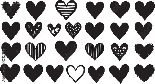 Collection of Black Hearts with Distressed and Striped Designs for Valentine's Day