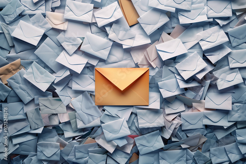 Yellow orange envelope atop a pile of white envelopes, overwhelmed with messages or email correspondence, too many incoming information