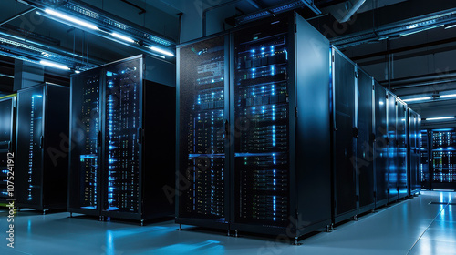 Working data center servers blinking with blue and green lights
