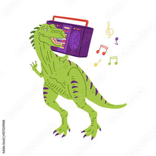 Fototapeta Naklejka Na Ścianę i Meble -  Cute dinosaur listening music with retro tape recorder player, vector cartoon funny crocodile drawing with musical notes