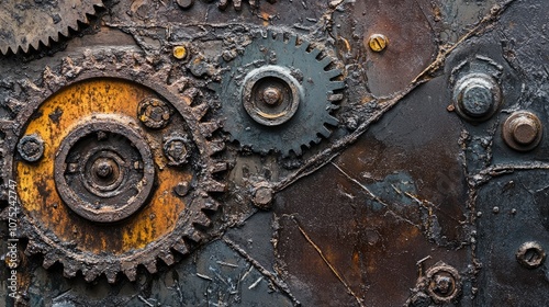 Close-up of old metal gears with oil stains, showing both wear and functional design.