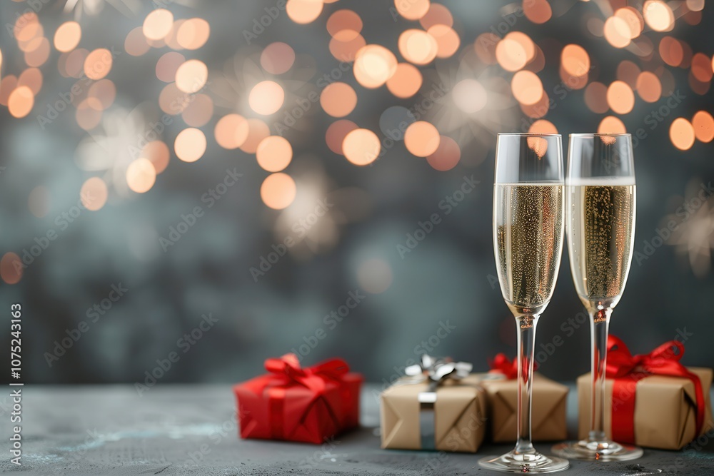 celebrate with a champagne toast a gift box and fireworks. Two sparkling champagne flutes beside elegantly wrapped gifts, with a festive bokeh background, creating a celebratory atmosphere. celebrate with a champagne toast a gift box and fireworks. Two sparkling champagne flutes beside elegantly wrapped gifts, with a festive bokeh background, creating a celebratory atmosphere.