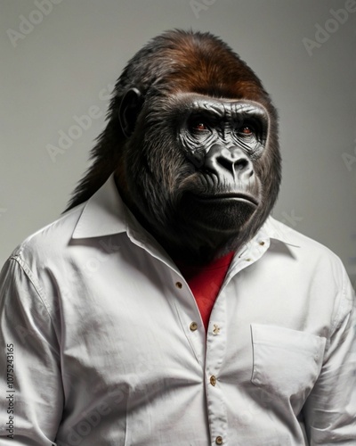 Close up photo - Gorilla wearing a long white t-shirt