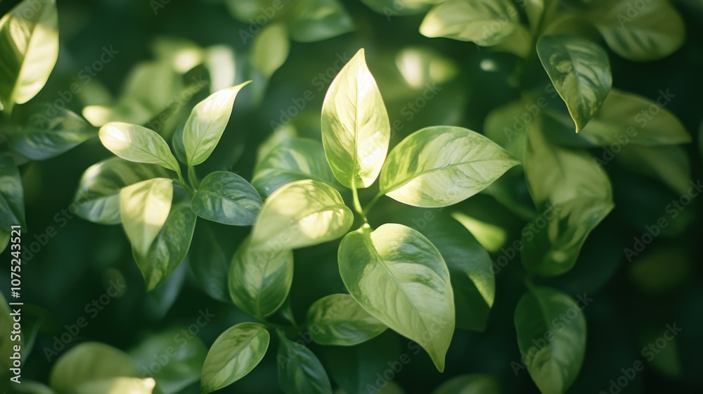 Lush Green Leaves with Sunlight Highlighting Natural Beauty Lush Green Leaves with Sunlight Highlighting Natural Beauty