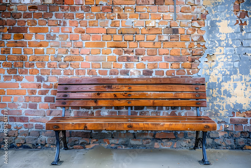 brown wooden bench stands on the sidewalk near the wall photo