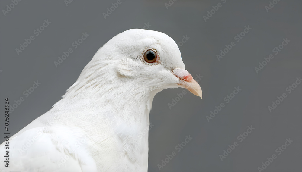 This image captures a serene white dove in close-up, showcasing its delicate features and pure feathers against a neutral backdrop, symbolizing peace and tranquility. This image captures a serene white dove in close-up, showcasing its delicate features and pure feathers against a neutral backdrop, symbolizing peace and tranquility.