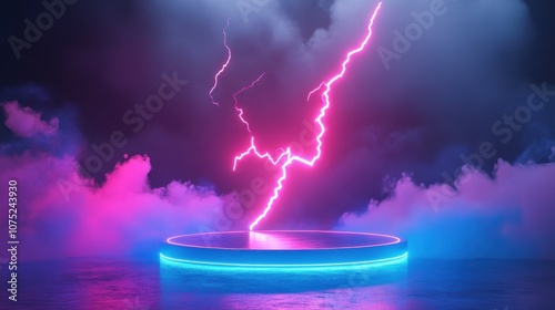 Neon lightning strike over futuristic glowing stage amidst vibrant clouds photo