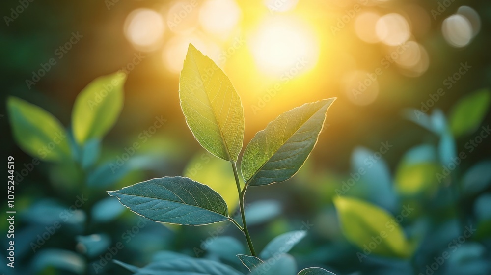 Obraz premium Golden Sunrise Illuminating Fresh Green Leaves in Nature