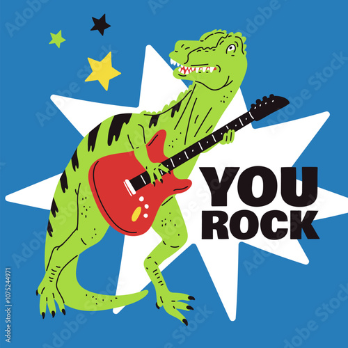 Vector graphics depicting an enthusiastic rock musician T. Rex, who plays the bass guitar.