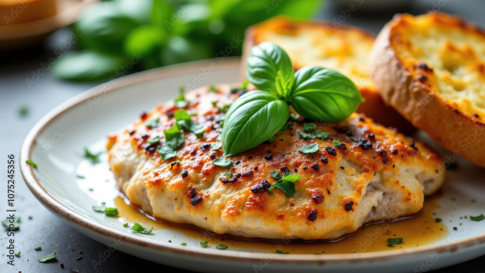 A mouthwatering plate of Mary Me Chicken garnished with basil and herbs, served alongside a side dish on a dining table. A mouthwatering plate of Mary Me Chicken garnished with basil and herbs, served alongside a side dish on a dining table.