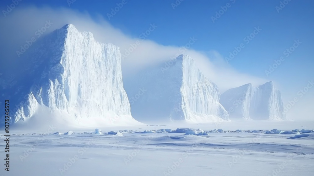 Majestic icebergs rise from a frozen landscape under a clear blue sky, with wispy clouds swirling around their peaks. Majestic icebergs rise from a frozen landscape under a clear blue sky, with wispy clouds swirling around their peaks.