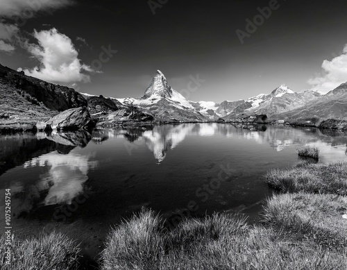 riffelsee lake and matterhorn mountain in black and white swiss alps switzerland photo