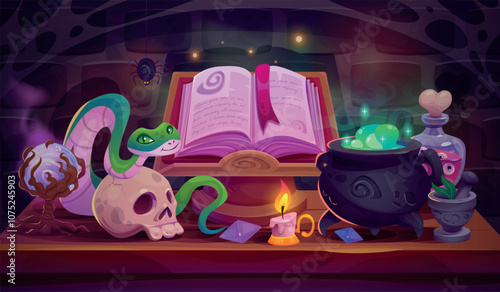 Wizard table. Wizards magical or witch workspace magic lab room cartoon interior, magical book potion skull on magician desk, alchemy school house swanky house vector illustration