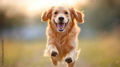 A dog joyfully running through a field of flowers, with a big smile on its face