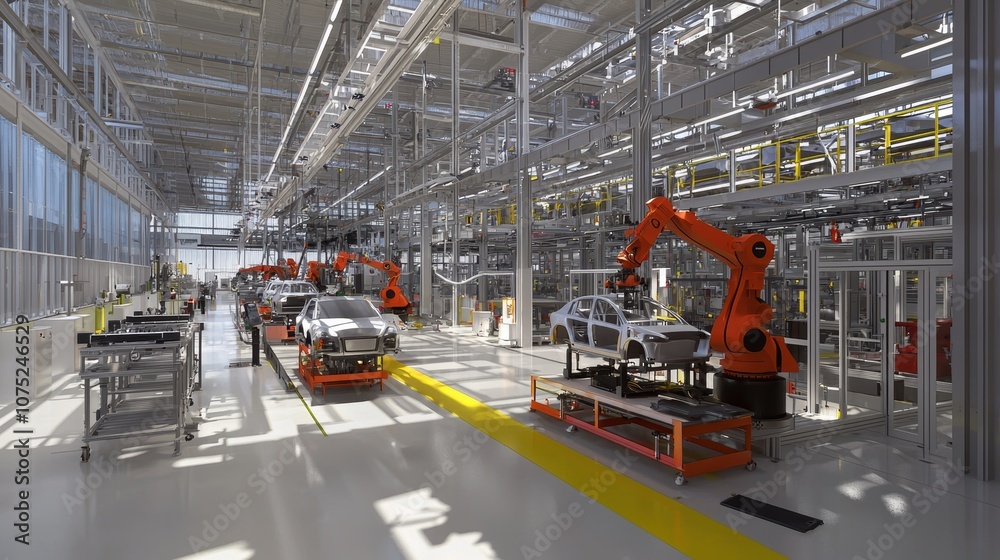 A modern automotive assembly line featuring robotic arms and vehicles in a spacious, well-lit factory setting. A modern automotive assembly line featuring robotic arms and vehicles in a spacious, well-lit factory setting.