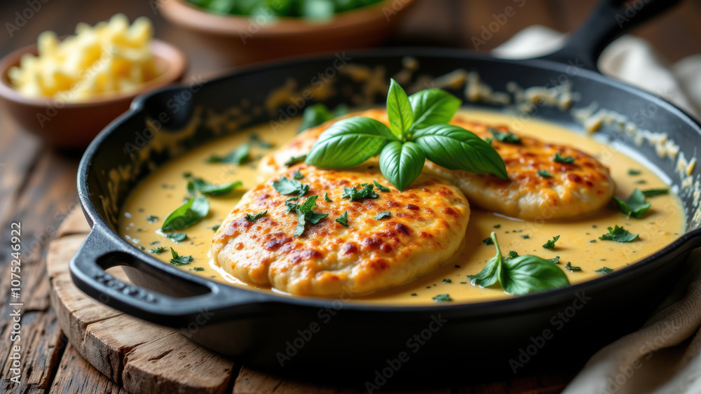 A pan filled with a creamy sauce and chicken covered in melted cheese, topped with herbs.