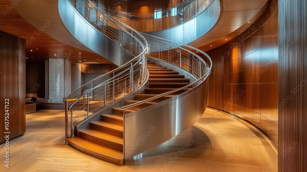 Elegant spiral staircase with wide wooden steps and metallic railings, in a spacious modern hall.