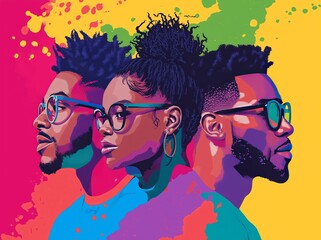 Black History Month colourful abstract illustration of Diverse representations of African-American across different fields.