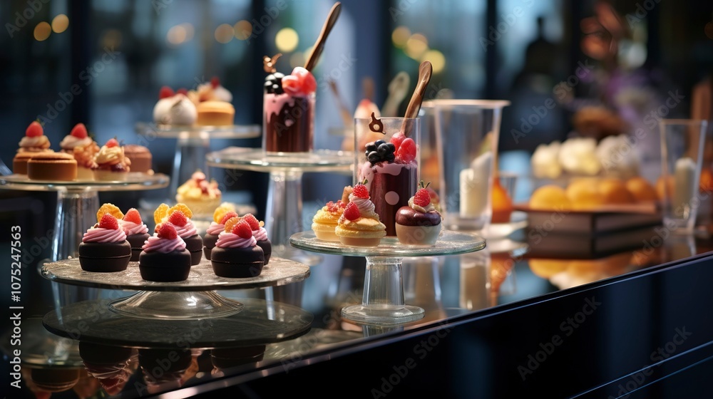 A photo of a chic dessert bar with artistic pastries A photo of a chic dessert bar with artistic pastries