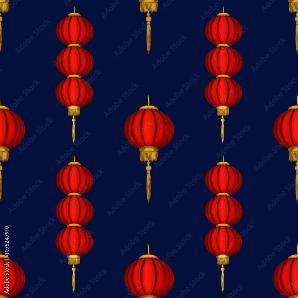 Big Red Round Lantern and Three Lanterns with Sakura on Dark Blue Background Seamless Pattern Design Big Red Round Lantern and Three Lanterns with Sakura on Dark Blue Background Seamless Pattern Design