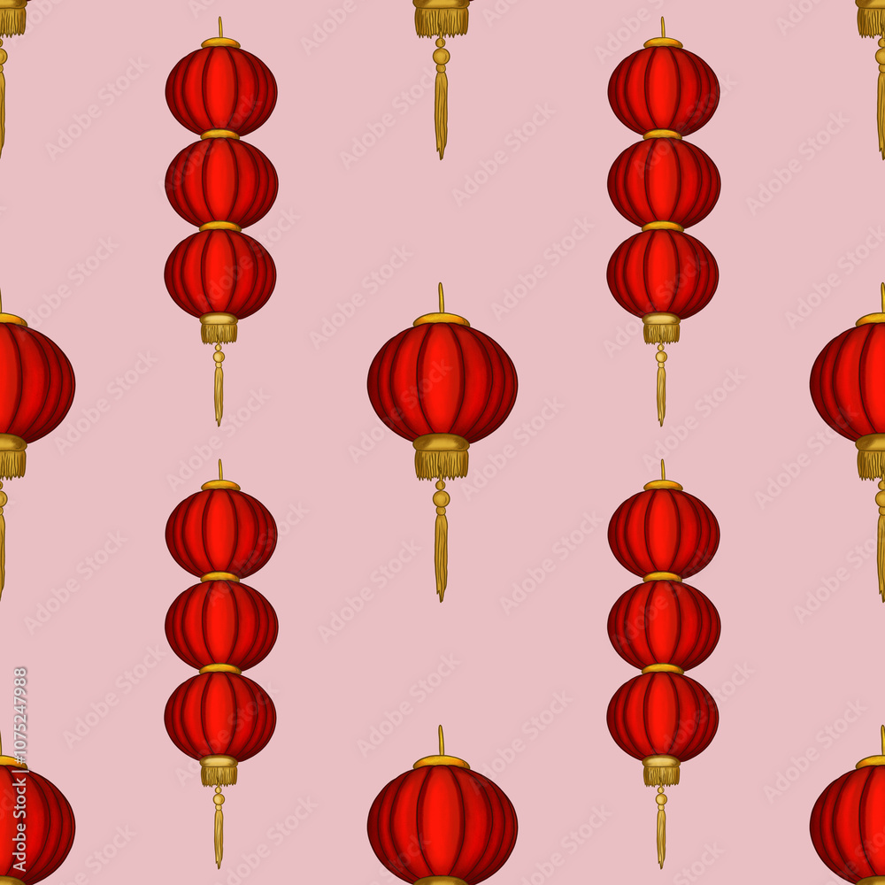 Big Red Round Lantern and Three Lanterns with Sakura on Pink Background Seamless Pattern Design Big Red Round Lantern and Three Lanterns with Sakura on Pink Background Seamless Pattern Design
