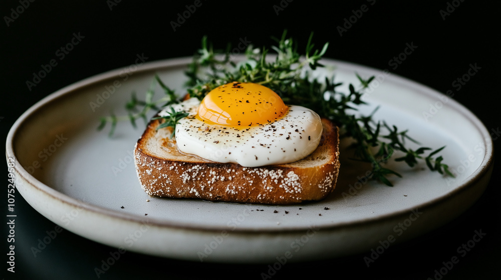 Sunny-Side Up Delight: A perfectly poached egg, sunny-side up, rests on a slice of toasted bread, adorned with fresh thyme sprigs. The yolk glistens, promising a burst of flavor.  
