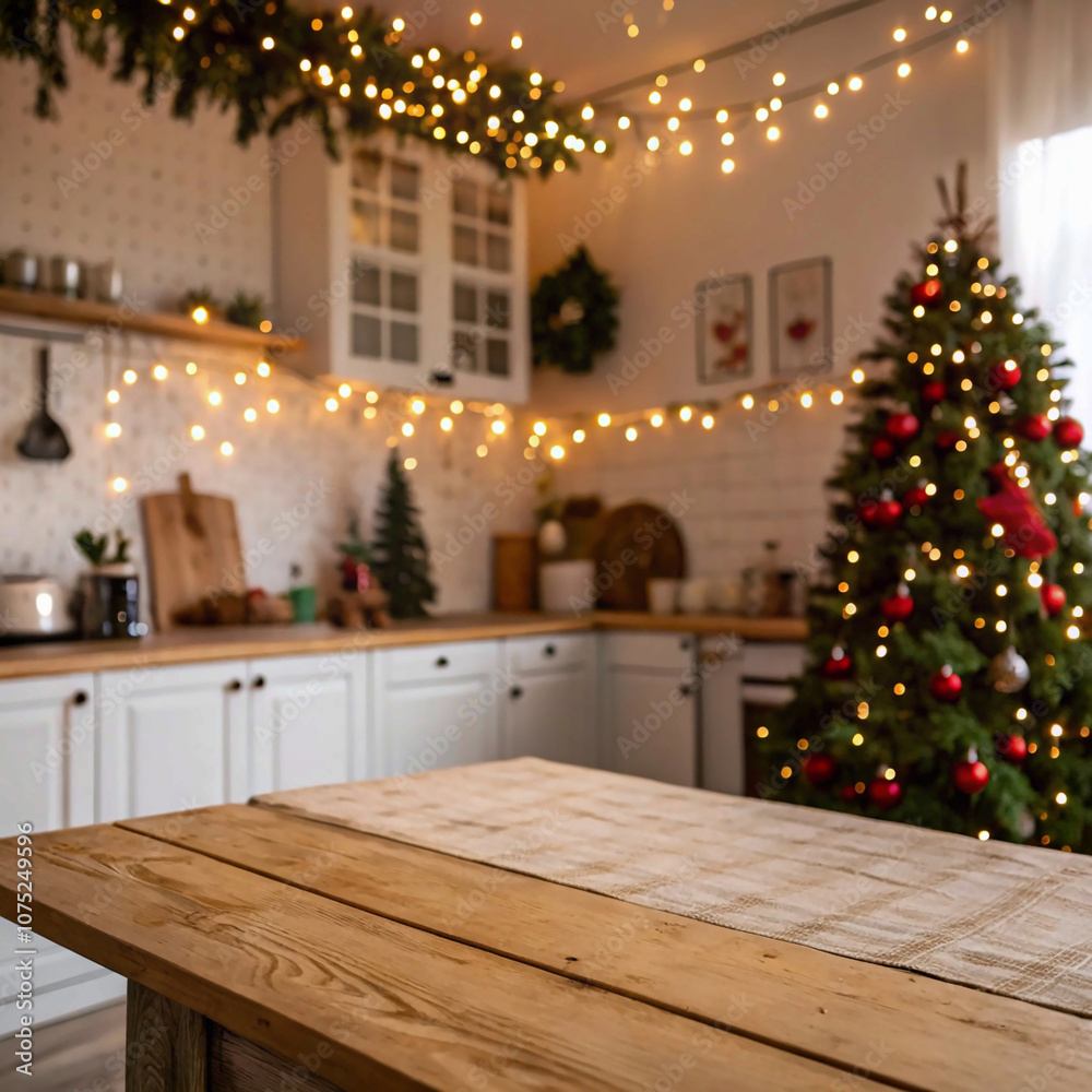 christmas tree in the kitchen.Acozy Christmas kitchen backdrop with an empty wooden table in the foreground, festive decorations, a twinkling Christmas tree, and glowing string lights creating a warm,