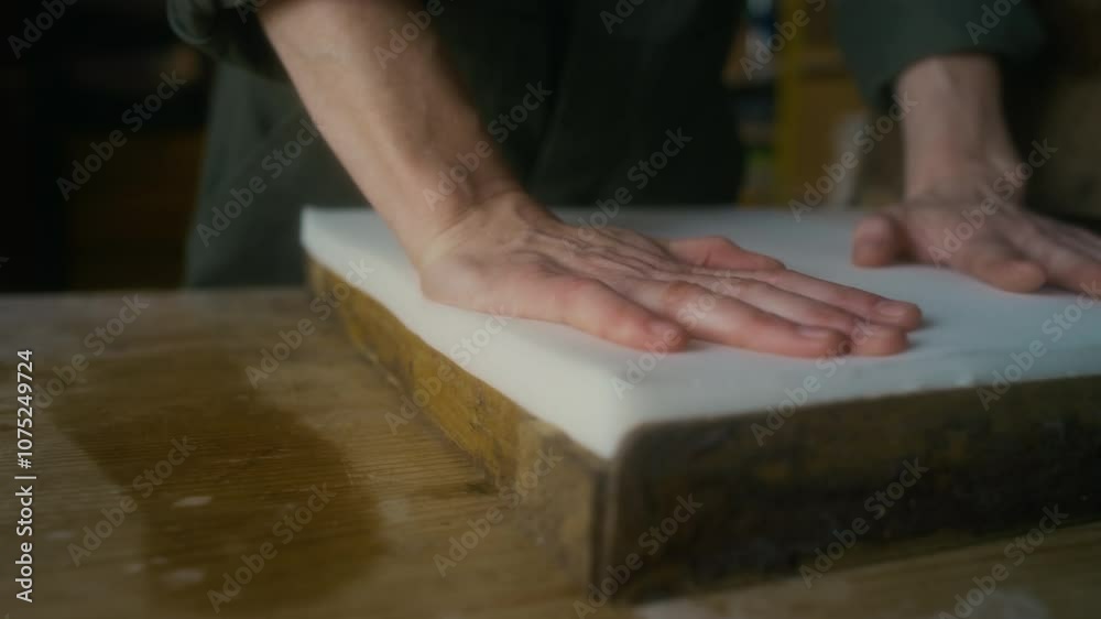 Closeup of hands of unrecognizable upholsterer gluing and pressing foam pad to wooden chair framework while reupholstering old furniture in workshop Closeup of hands of unrecognizable upholsterer gluing and pressing foam pad to wooden chair framework while reupholstering old furniture in workshop