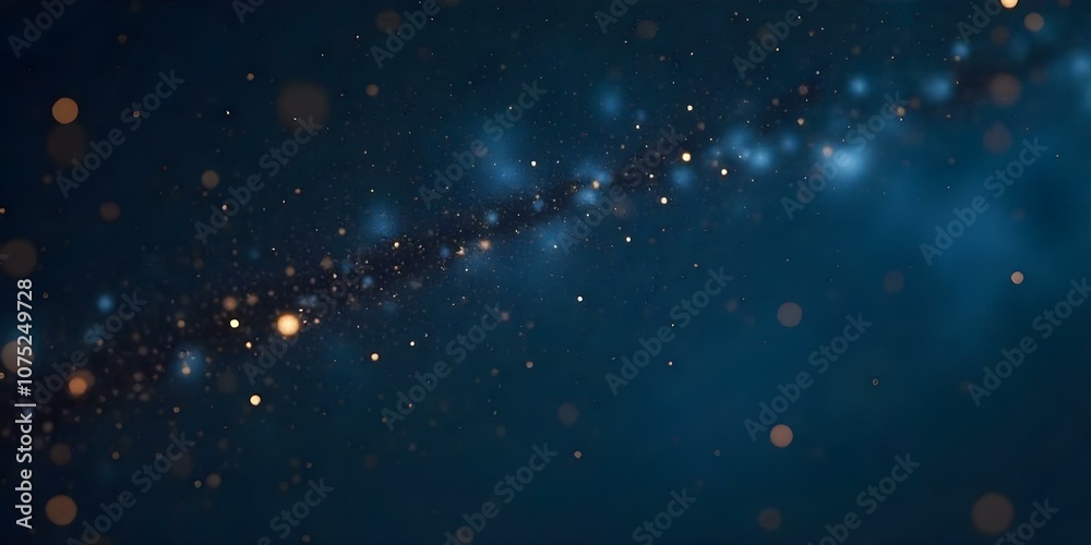 Fototapeta premium A night sky filled with twinkling stars against a dark blue background, with some blurry, glowing orbs of light visible.