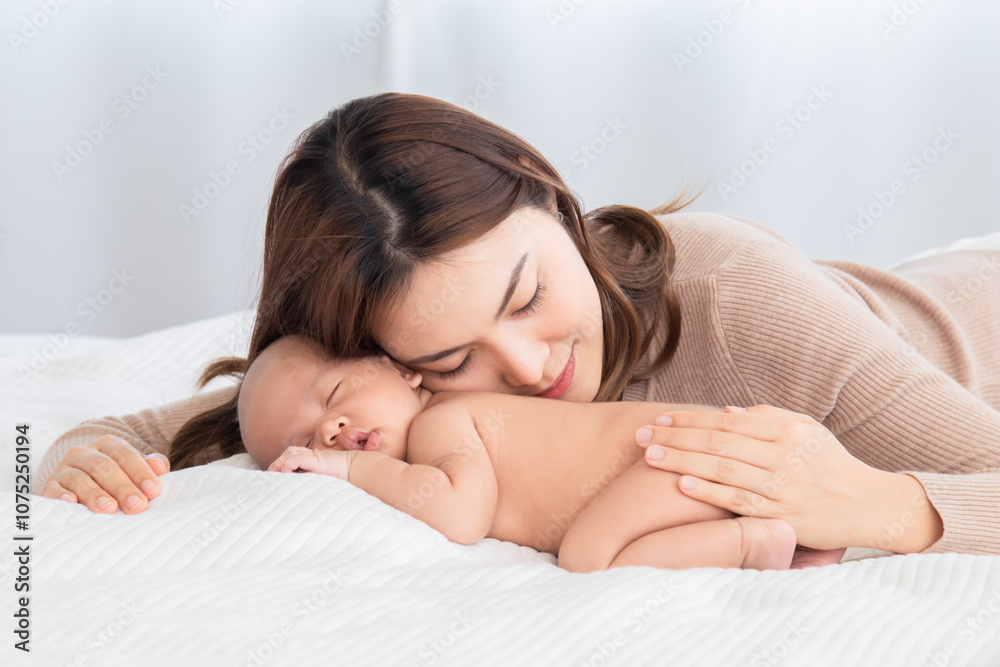Adorable sleeping baby comfortable on bed in mother arm nursing, young Asian beautiful mom lying down hug infant 0-1 month with love, gently, tenderly, cuddle, bonding, caring motherhood nurturing Adorable sleeping baby comfortable on bed in mother arm nursing, young Asian beautiful mom lying down hug infant 0-1 month with love, gently, tenderly, cuddle, bonding, caring motherhood nurturing