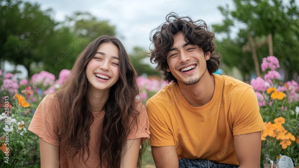 Fototapeta premium A young couple enjoying a picnic in a blooming garden, sharing laughter
